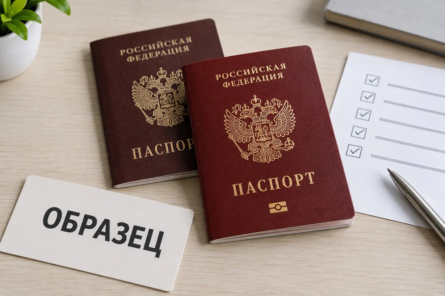 Биометрический загранпаспорт отмечен международным символом электронного чипа. Иллюстрация, не официальный документ.