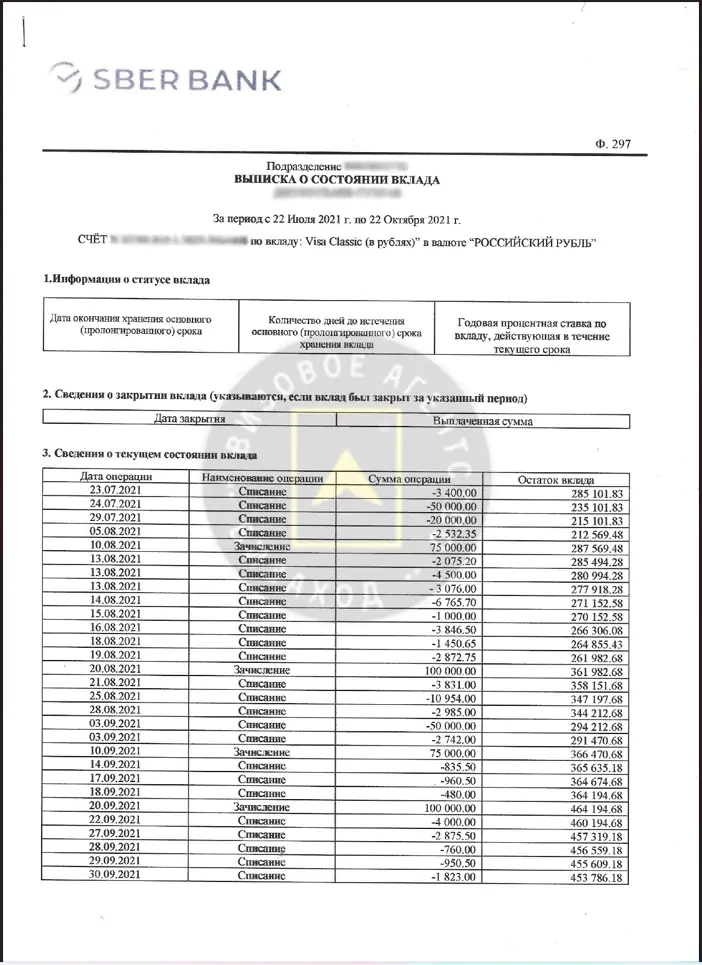 Выписка о состоянии вклада, образец